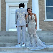 Sheer neck silver crystal mermaid prom dress elegant evening gown.