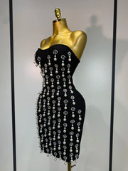 Strapless pearl and rhinestone bodycon mini dress with backless design