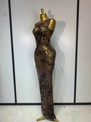 Corey Sexy O Neck Sleeveless Black Diamonds Crystal Maxi Dress