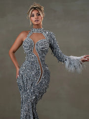 Amara one-shoulder gray sequin gown with feather details, elegant long evening dress for parties and formal occasions.