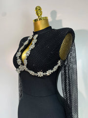 Caroline black long sleeve beaded maxi bandage dress for evening parties, birthdays, or formal events.