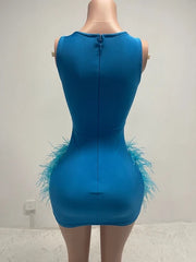 Peacock Blue Feather Diamond Mini Dress