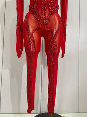 Luxury sheer rhinestone mesh jumpsuit with glittering diamonds and sequins for festival or stage wear.