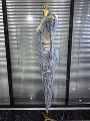 Aleah long sleeve high-stretch fringe bodycon jumpsuit with a figure-hugging silhouette and statement fringe detailing