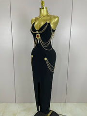 Helaena black chain spaghetti strap V-neck split bandage dress for date night and cocktail party styling