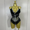 Claire rhinestone feather tassel mesh bodysuit for women. Sexy performance outfit for nightlife, dance, and stage events.