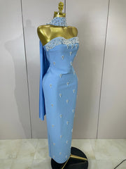 Carole strapless diamond bandage maxi dress with bead scarf. Elegant bodycon fit for prom, parties, birthdays, and luxury evening club wear.