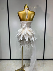 Make a grand entrance in the Cheska halter backless feather evening dress. Elegant bodycon gown for weddings, parties, birthdays, and galas.