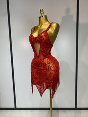 Christy rhinestone tassel mini dress featuring sparkling embellishments and a fitted bodycon silhouette