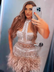 Beige feather pearl mini dress with halter neckline – homecoming, prom, birthday, cocktail, and evening party outfit.