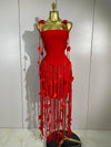 Red strapless long bandage dress with tassel details for women’s party, birthday, and evening wear.