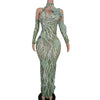 Sparkly leaf design prom dress with all-over rhinestones and matching long formal gloves. Lena elegant long gown.