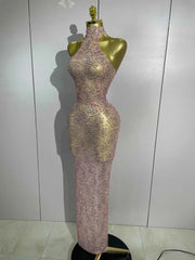 Lauren Pink Diamond Mesh See Through Evening Gown
