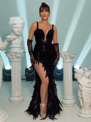 Nia black pearl long sequin gown with feathers, sweetheart neckline, and gloves – elegant evening dress.