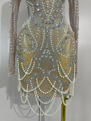 Brenda short mesh dress with pearls and sparkling diamond details for elegant party wear.