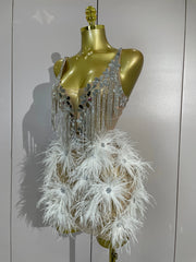 Angeli sheer mesh mini dress featuring sparkling rhinestones, decorative chains, mirror-like accents, and feather details