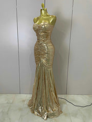Alana Gold Strapless Ruched Backless Maxi Gown