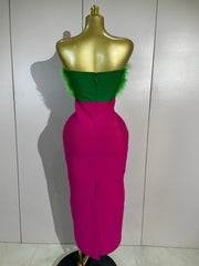 Envious Designs Reese sexy green feather strapless color block plaid bodycon midi bandage dress for birthday and cocktail party styling