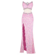 Pink floor-length sequin gown with crystal beading, feathers, and thigh-high slit – perfect for homecoming, prom, and evening parties.