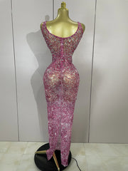 Isabella sparkly rhinestone hollow out mesh long dress for women, luxury birthday and evening party gown