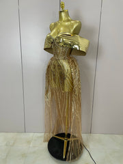 Candice luxury sparkle gold diamond sequin mesh see-through long dress for evening gala styling