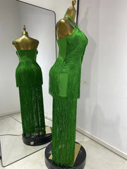 Keilahni green fringed sleeveless bandage bodycon dress for party and nightclub styling