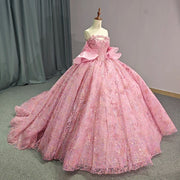 Pink 3D Flower Appliqués Quinceañera Dress