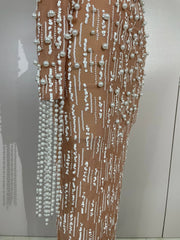 Jennifer luxury pearl beading chain long sleeve bodycon maxi dress for evening and party events.