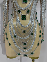 Sparkly mesh see through mini dress with diamond accents and long sleeves