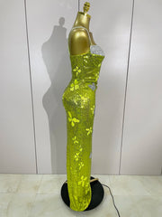 Liora butterfly crystal sexy halter green bodycon long dress with crystal details and slim-fit design.