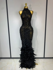 Sexy rhinestone feather mesh long dress with turtleneck and sleeveless design – Serena style.