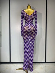 Denise sparkly rhinestone mesh see-through dress, stretchy women’s party and nightclub outfit.