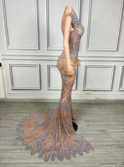 Zahra strapless diamond fishtail prom dress with high slit.