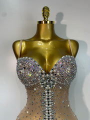 Candice rhinestone pearl mesh bodycon bodysuit for women. Luxury sparkly outfit for birthdays, stage wear, and nightlife events.