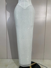 Jan halter bandage maxi dress featuring sheer mesh details and sparkling rhinestone embellishments