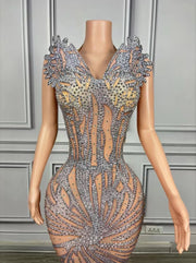 Zahra strapless diamond fishtail prom dress with high slit.