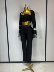 Jill Sexy Long Sleeve Beaded Black Bodycon Bandage Three-Piece Set