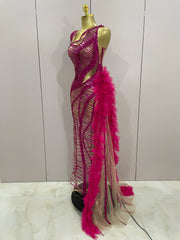 Sparkly sequin mesh see-through long tail dress for women – evening, prom, wedding, birthday, nightclub, stage outfit