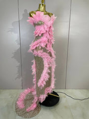 Faye pink sequin feather mesh mermaid gown for women. Glamorous dress for birthdays, prom, nightclub, and evening events.