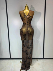 Corey Sexy O Neck Sleeveless Black Diamonds Crystal Maxi Dress