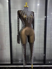 Tamika crystal mesh long sleeve see-through bodycon jumpsuit for nightclub and stage performance