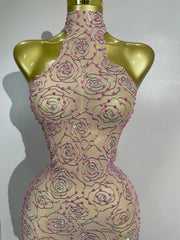 Lauren pink diamond mesh see through evening gown for women. Glamorous dress for nightlife, stage wear, and party events.