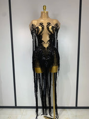 Carlene blue rhinestone tassel see through mesh birthday dress