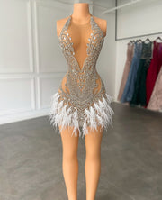 Gorgeous Halter Sleeveless Luxury Beaded Silver Crystals White Feather Cocktail Dresses Birthday Party Gowns