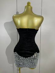 Tamar black velvet short dress with sparkly diamonds and mesh overlay for women’s evening, birthday, or stage events.
