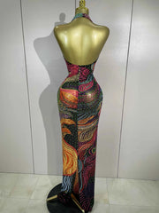 Sexy Colorful Rhinestone Print Long Dress Woman Halter Deep V Neck Backless 2026 Women Birthday Eveing Party Club Stage Costume