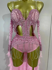 Luxury Sparkly Rhinestones Chain Feathers Bodysuits Long Tail Dress Sexy Mesh Sheer Stage Evening Party Celebrate Birthday Dress