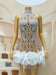Teyana handmade shining rhinestone pearl feather lace prom gown for women.