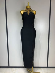 Black backless beaded midi bodycon bandage dress for women, elegant 2025 evening wear, luxury birthday and nightclub party outfit.