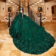 Emerald Green Glitter Quinceañera Dress with 3D Flowers & Pearls